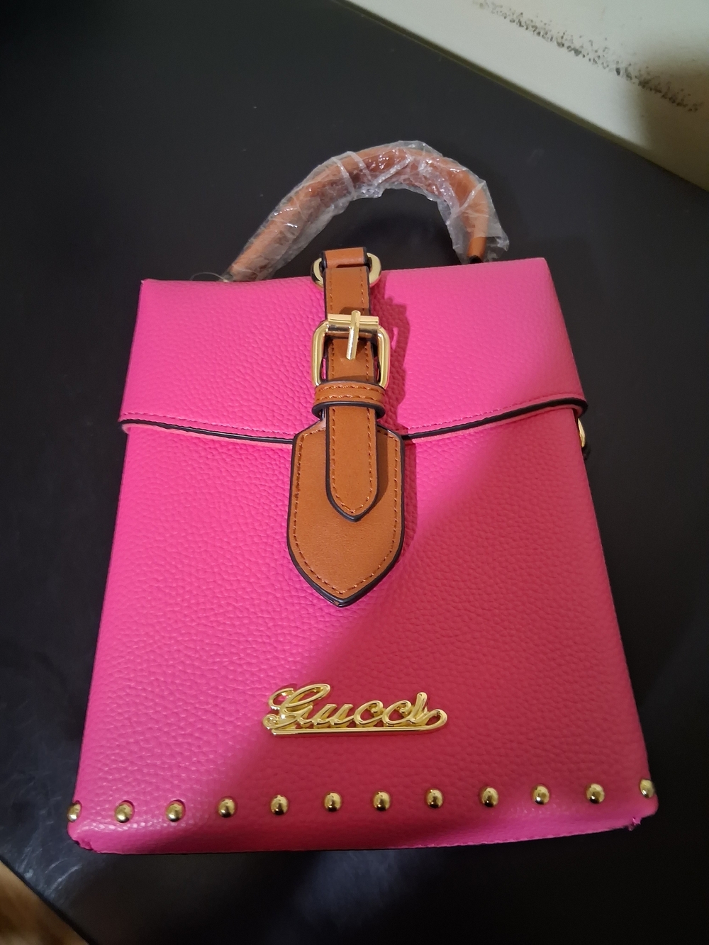 Pink Leather Mini Top-Handle Bag with Tan Trim